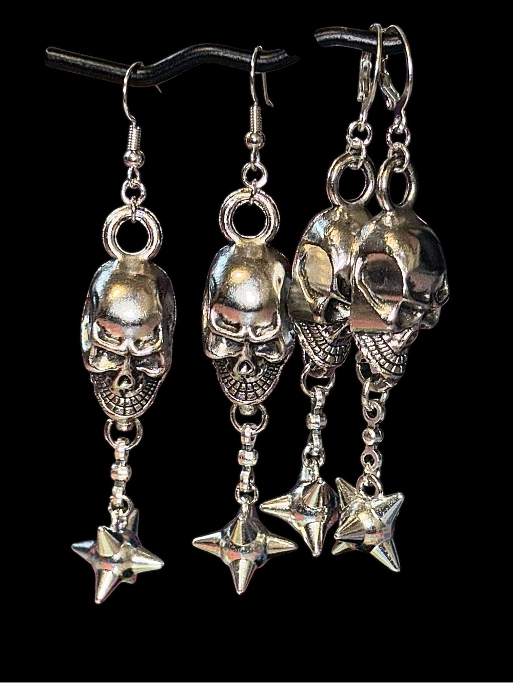 Handmade Silver Skull & Flail Dangle Earrings - Gothic Statement